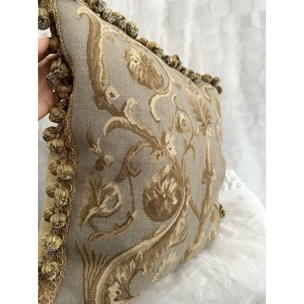 Vintage Aubusson Pineapple tapesty pillow Rococo Square Gold Grey Velvet 24”